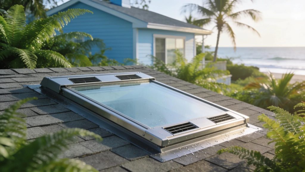 Skylight with moisture management features in a coastal home emphasizing humidity resistance
